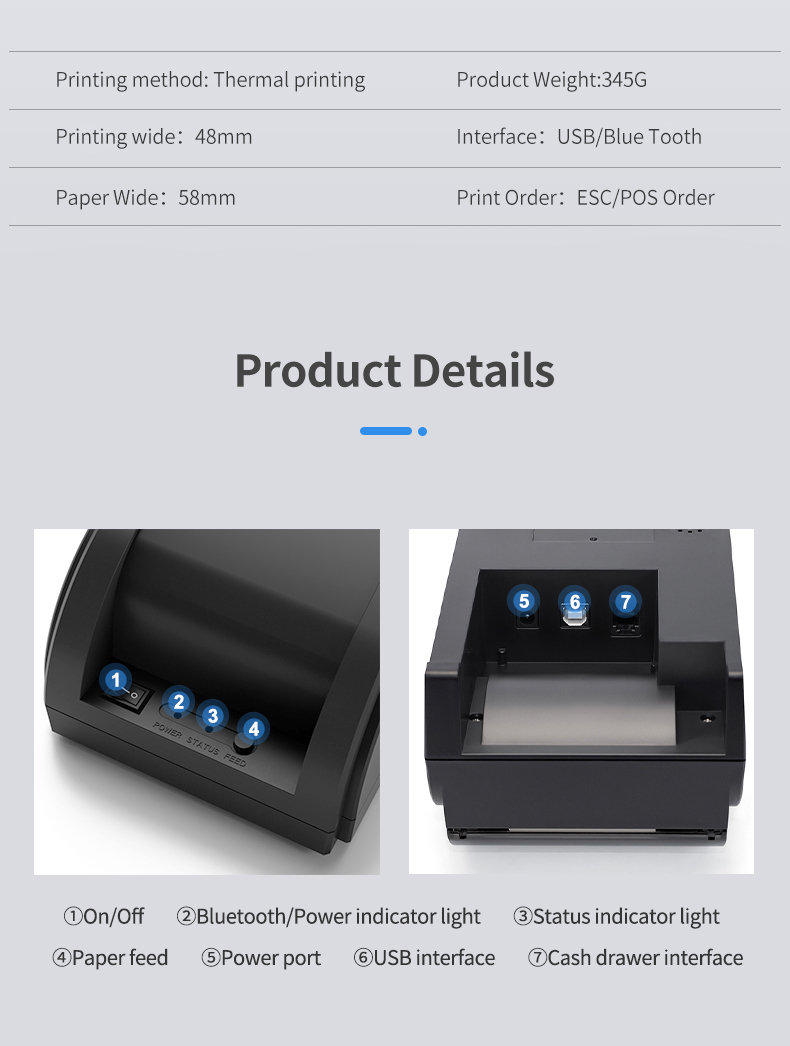 58mm Desktop Thermal Receipt Printer USB   Bluetooth ESC/POS